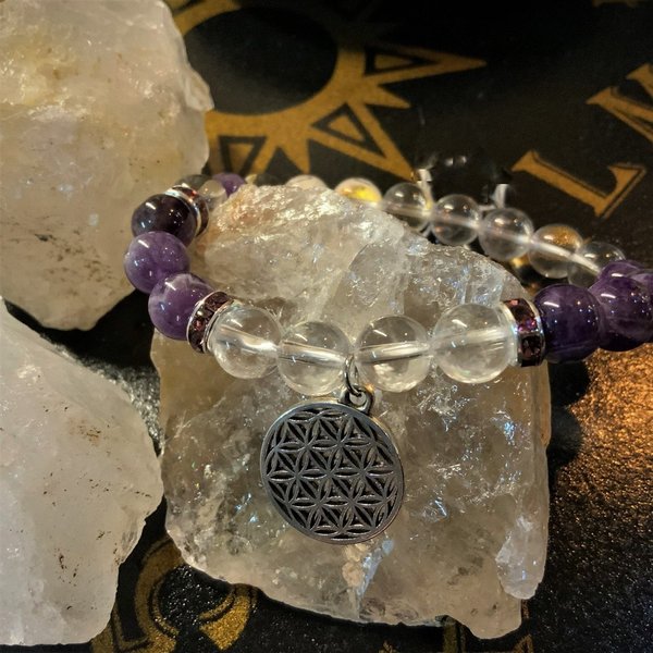 Armband Bergkristall/Amethyst+Blume des Lebens